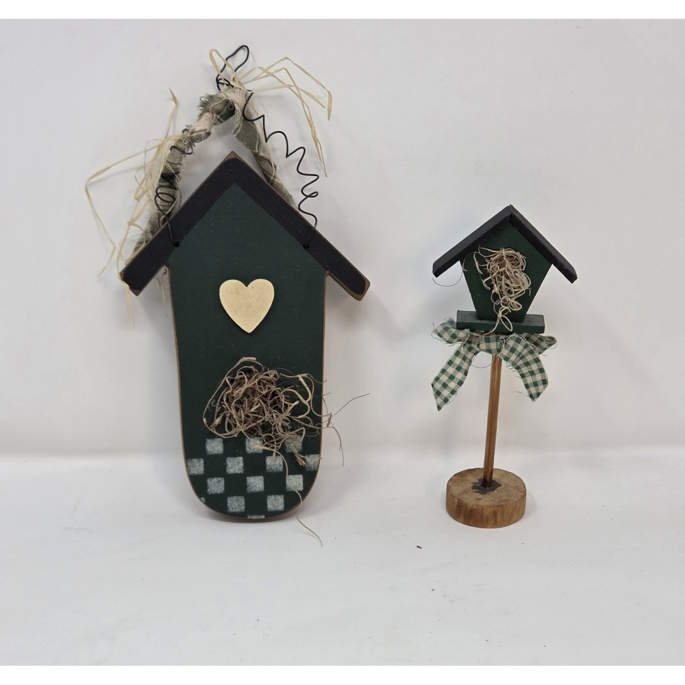 Primitive Country Wood Birdhouse Decor Set 2 Farmhouse Heart Checkerboard Bow